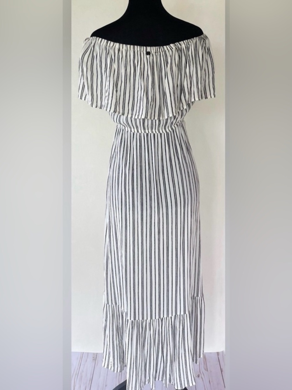 Billabong Black and White Vertical Stripe Boho Maxi Dress
